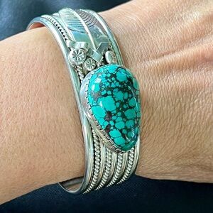 Nofchissei Sterling Silver 925 Navajo Cuff Bracelet/beautiful darkerTurquoise #1